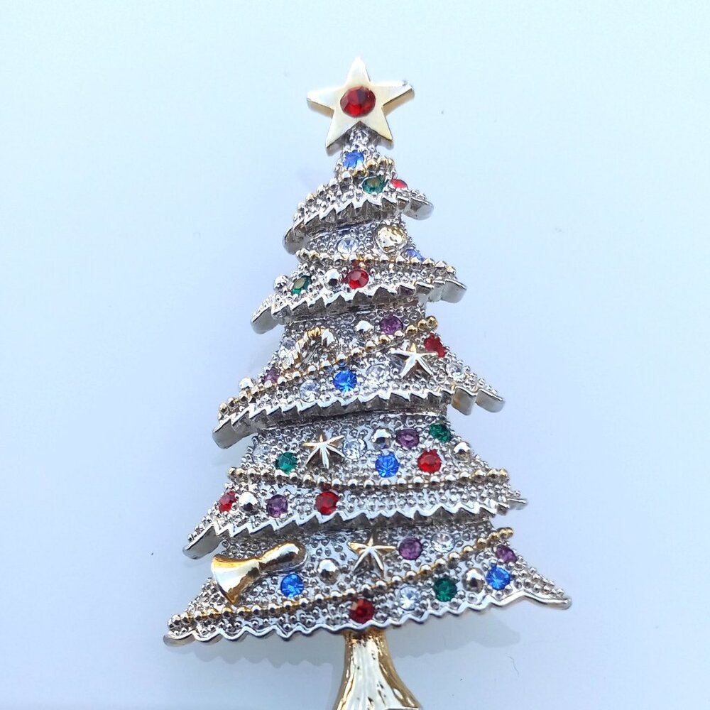 Silver & Gold Embossed CHRISTMAS TREE Pin Brooch w Crystals Ornamentation